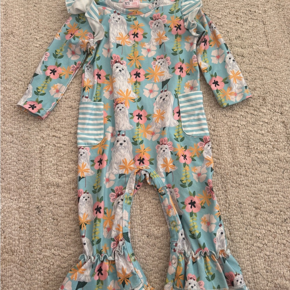 Girls' Floral Puppy Ruffle One-Piece - Aqua